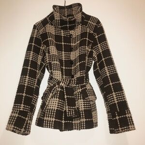 VTG Last Kiss Chocolate Brown Plaid Wool Blend Trench Coat Funnel Neck Small Y2K